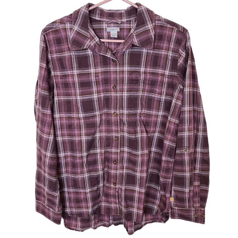 Carhartt Womens L 12/14 Purple Fairview Plaid Long Sleeves Button Up Shirt